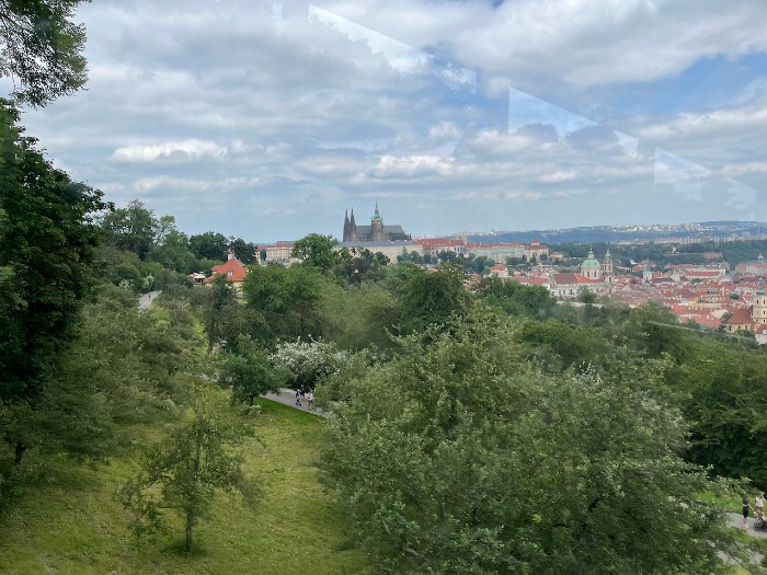 Riding up the funicular to the top of Petrin Hill